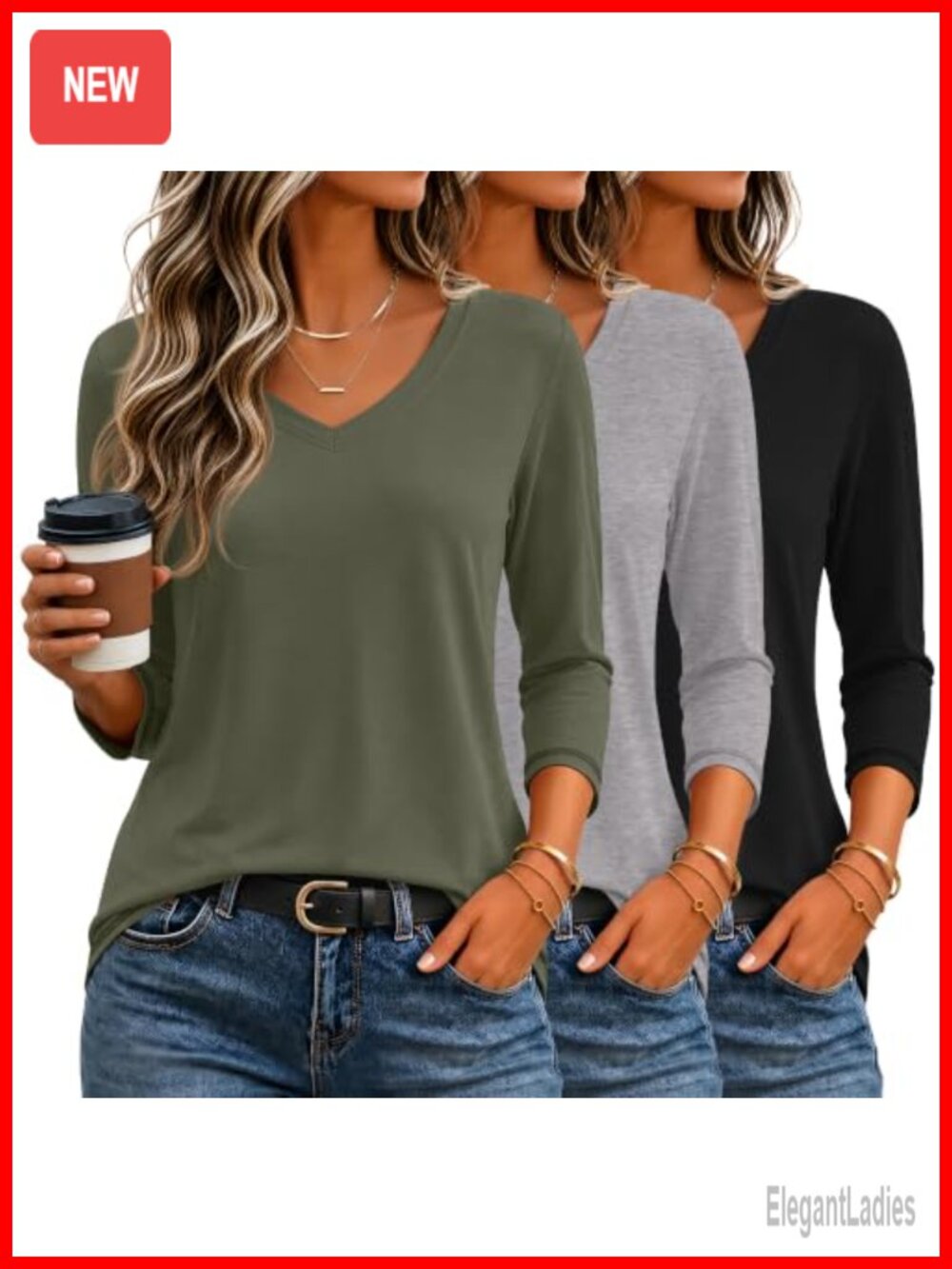 Women's 3/4 Sleeve V Neck Tops 3 Pack Casual T-Shirts